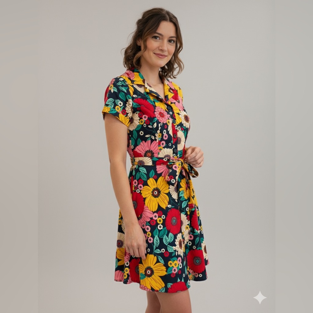 Floral Cotton Button-Up Dress | Dark Navy Blue with Vibrant Flowers short dress